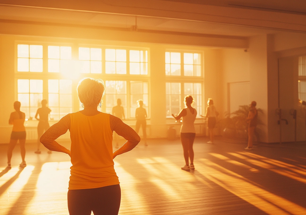 Група пенсіонерів займається спортом з інструктором