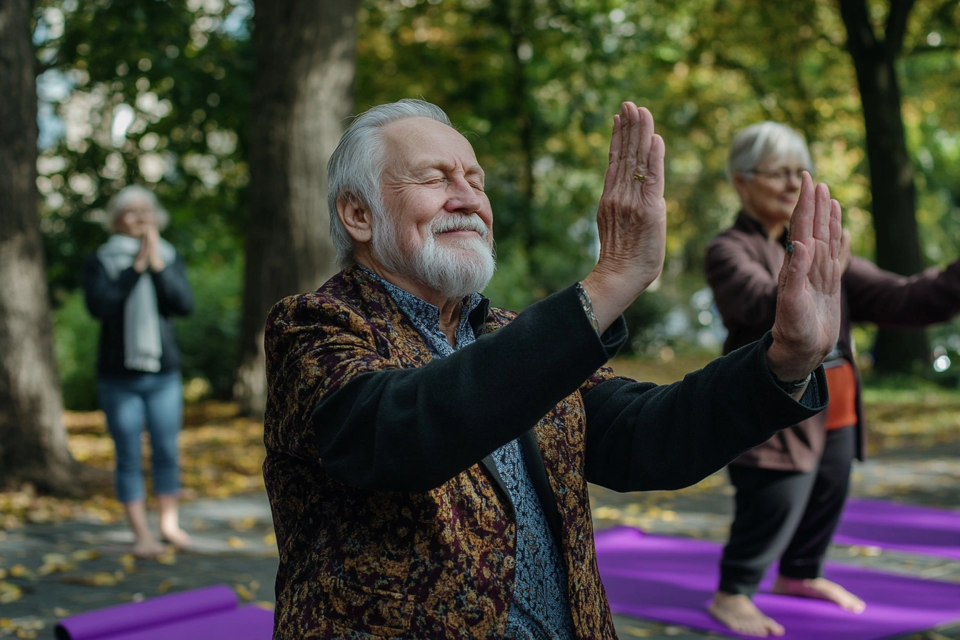 Активні пенсіонери практикують йогу на свіжому повітрі